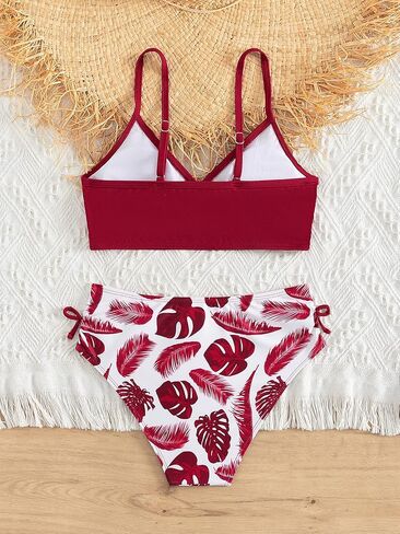 Girl's Two Piece Swimsuit Tropical Print Bowknot V Neck Bikini Sets Bathing Suits in Saudi Arabia