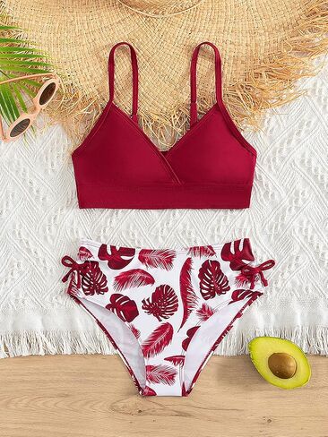 Girl's Two Piece Swimsuit Tropical Print Bowknot V Neck Bikini Sets Bathing Suits in Saudi Arabia