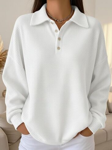 Women's Waffle Knit Long Sleeve Button Down Collared Polo Shirt, Casual Loose Fit Polo for Fall in Saudi Arabia