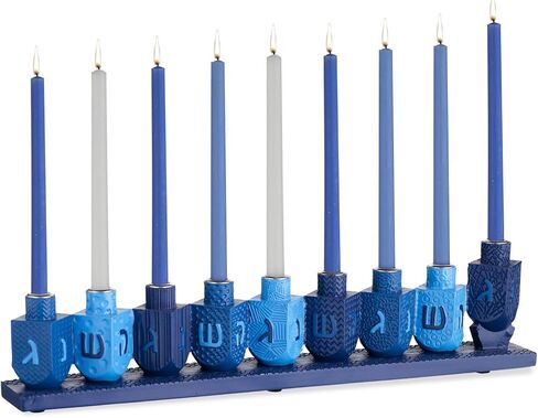 Rite Lite Blue Dreidels Menorah Modern Hanukkah Centerpiece Jewish Holiday Party Favor Decor | Resin Fits Most Chanukah Candles, Elegant Judaica Décor Festival of Lights Hostess Gifts 11.50" H in Saudi Arabia