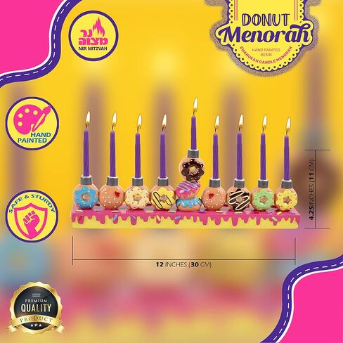 Ner Mitzvah Hand Painted Resin Chanukah Menorah - Theme Menorahs for Chanukah - Donuts for Hanukkah Menorah for Kids in Saudi Arabia