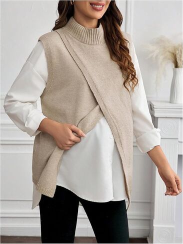 MakeMeChic Women's Maternity Sweater Vest Mock Neck Split Hem Sleeveless Fall Pregnancy Knit Top in Saudi Arabia