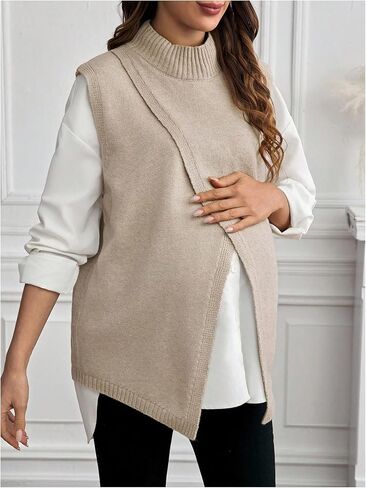 MakeMeChic Women's Maternity Sweater Vest Mock Neck Split Hem Sleeveless Fall Pregnancy Knit Top in Saudi Arabia