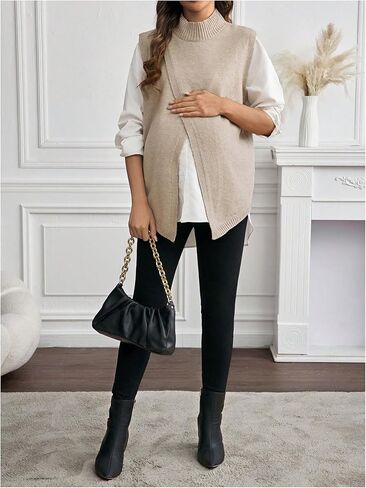 MakeMeChic Women's Maternity Sweater Vest Mock Neck Split Hem Sleeveless Fall Pregnancy Knit Top in Saudi Arabia