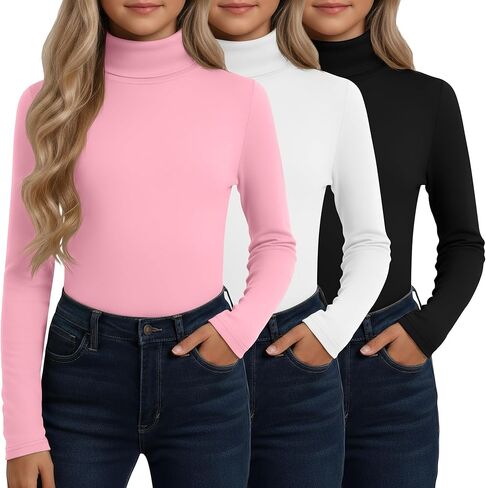 3 Pack Girls' Turtleneck Long Sleeve T-Shirt Kids Thermal Underwear Tops Warm Soft Winter Base Layer Tees in Saudi Arabia