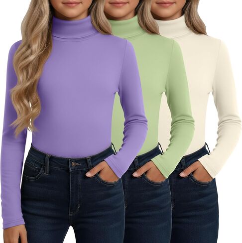 3 Pack Girls' Turtleneck Long Sleeve T-Shirt Kids Thermal Underwear Tops Warm Soft Winter Base Layer Tees in Saudi Arabia