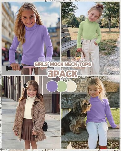 3 Pack Girls' Turtleneck Long Sleeve T-Shirt Kids Thermal Underwear Tops Warm Soft Winter Base Layer Tees in Saudi Arabia