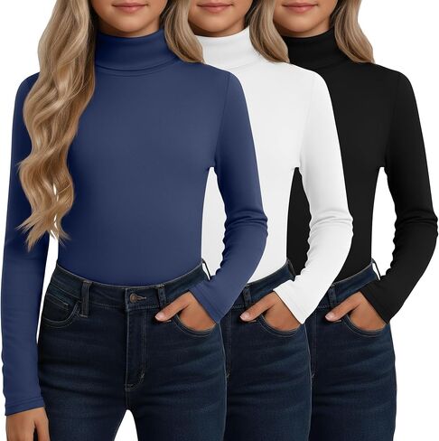3 Pack Girls' Turtleneck Long Sleeve T-Shirt Kids Thermal Underwear Tops Warm Soft Winter Base Layer Tees in Saudi Arabia