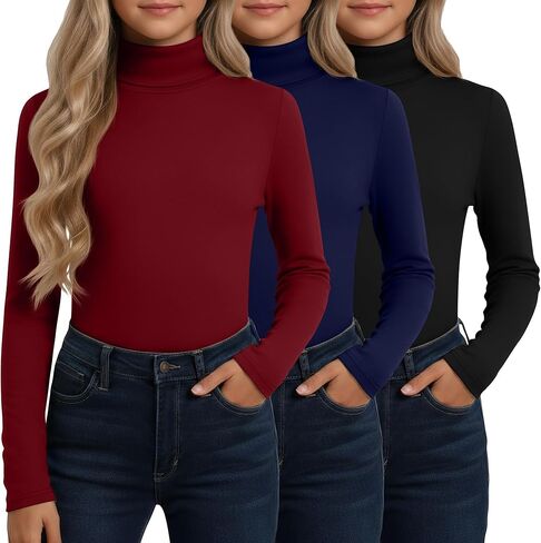 3 Pack Girls' Turtleneck Long Sleeve T-Shirt Kids Thermal Underwear Tops Warm Soft Winter Base Layer Tees in Saudi Arabia