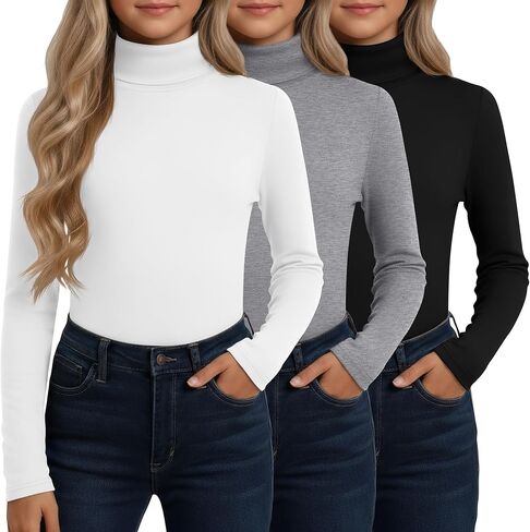 3 Pack Girls' Turtleneck Long Sleeve T-Shirt Kids Thermal Underwear Tops Warm Soft Winter Base Layer Tees in Saudi Arabia