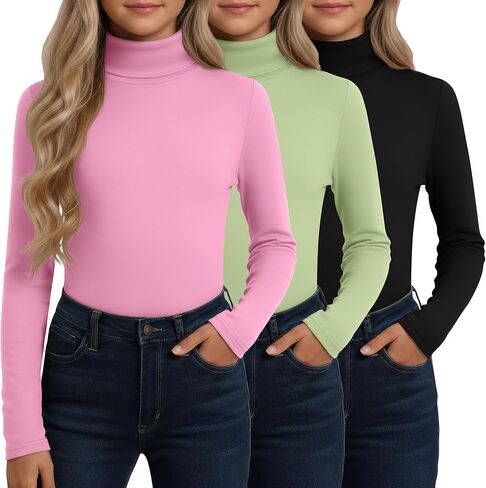 3 Pack Girls' Turtleneck Long Sleeve T-Shirt Kids Thermal Underwear Tops Warm Soft Winter Base Layer Tees in Saudi Arabia