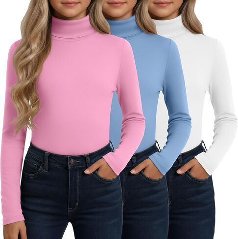 3 Pack Girls' Turtleneck Long Sleeve T-Shirt Kids Thermal Underwear Tops Warm Soft Winter Base Layer Tees in Saudi Arabia