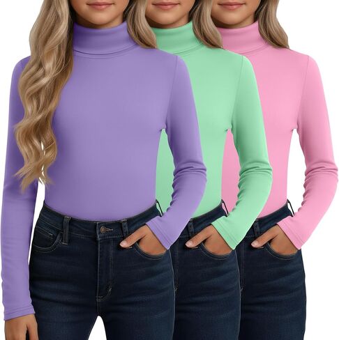 3 Pack Girls' Turtleneck Long Sleeve T-Shirt Kids Thermal Underwear Tops Warm Soft Winter Base Layer Tees in Saudi Arabia