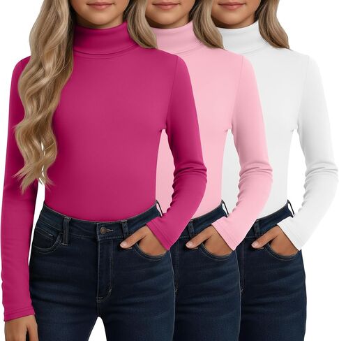 3 Pack Girls' Turtleneck Long Sleeve T-Shirt Kids Thermal Underwear Tops Warm Soft Winter Base Layer Tees in Saudi Arabia