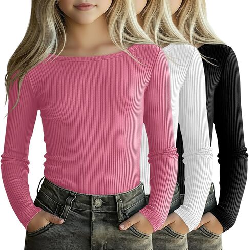 3 Pack Girls Long Sleeve Shirts Cotton Ribbed Knit Boat Neck 5-14 Years Slim Tops Casual Layer Basic Tee Undershirt in Saudi Arabia