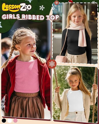 3 Pack Girls Long Sleeve Shirts Cotton Ribbed Knit Boat Neck 5-14 Years Slim Tops Casual Layer Basic Tee Undershirt in Saudi Arabia