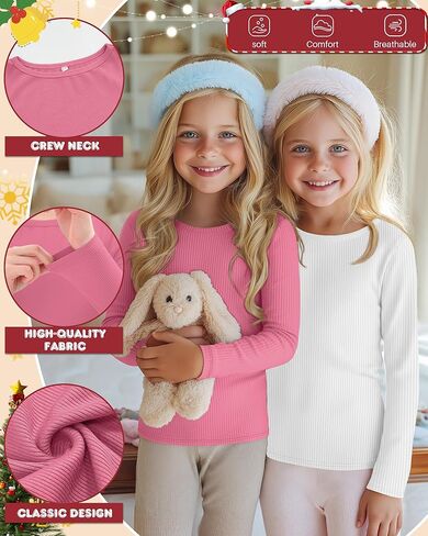 3 Pack Girls Long Sleeve Shirts Cotton Ribbed Knit Boat Neck 5-14 Years Slim Tops Casual Layer Basic Tee Undershirt in Saudi Arabia
