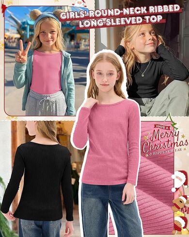 3 Pack Girls Long Sleeve Shirts Cotton Ribbed Knit Boat Neck 5-14 Years Slim Tops Casual Layer Basic Tee Undershirt in Saudi Arabia