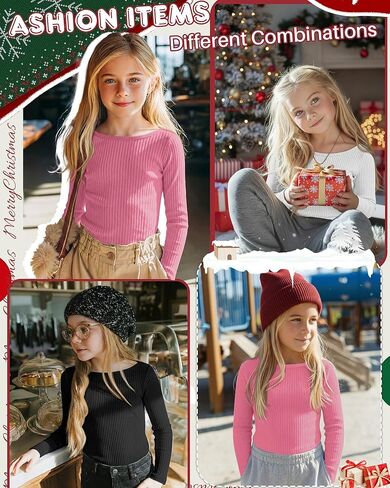3 Pack Girls Long Sleeve Shirts Cotton Ribbed Knit Boat Neck 5-14 Years Slim Tops Casual Layer Basic Tee Undershirt in Saudi Arabia