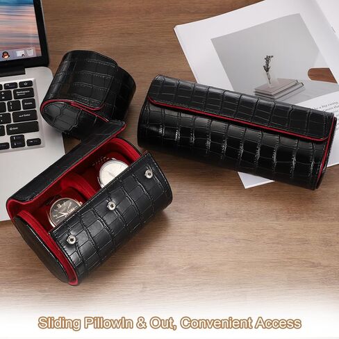 uxcell Watch Travel Case for Men Crocodile Pattern Leather Watch Roll Travel Case Portable Watch Storage Box for Christmas, Birthday, and Anniversary 3 Slots (Black) in Saudi Arabia