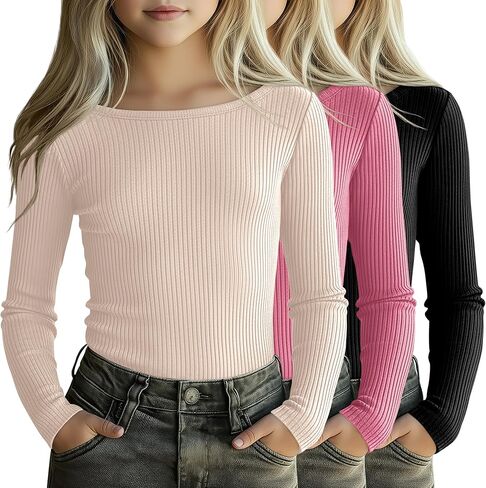 3 Pack Girls Long Sleeve Shirts Cotton Ribbed Knit Boat Neck 5-14 Years Slim Tops Casual Layer Basic Tee Undershirt in Saudi Arabia