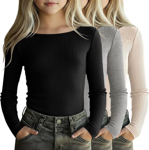 3 Pack Girls Long Sleeve Shirts Cotton Ribbed Knit Boat Neck 5-14 Years Slim Tops Casual Layer Basic Tee Undershirt in Saudi Arabia