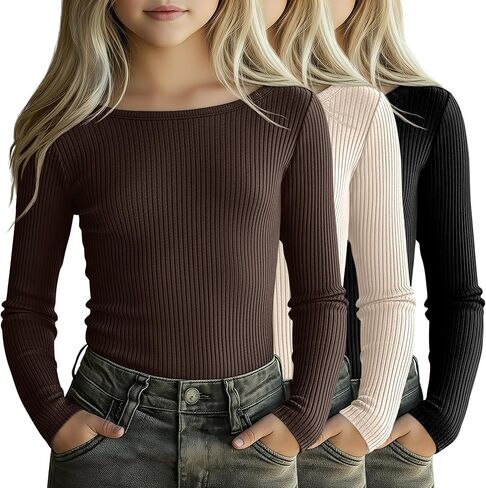 3 Pack Girls Long Sleeve Shirts Cotton Ribbed Knit Boat Neck 5-14 Years Slim Tops Casual Layer Basic Tee Undershirt in Saudi Arabia