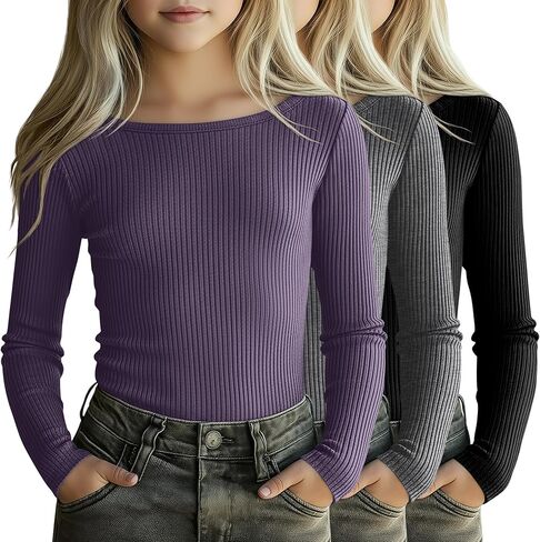 3 Pack Girls Long Sleeve Shirts Cotton Ribbed Knit Boat Neck 5-14 Years Slim Tops Casual Layer Basic Tee Undershirt in Saudi Arabia