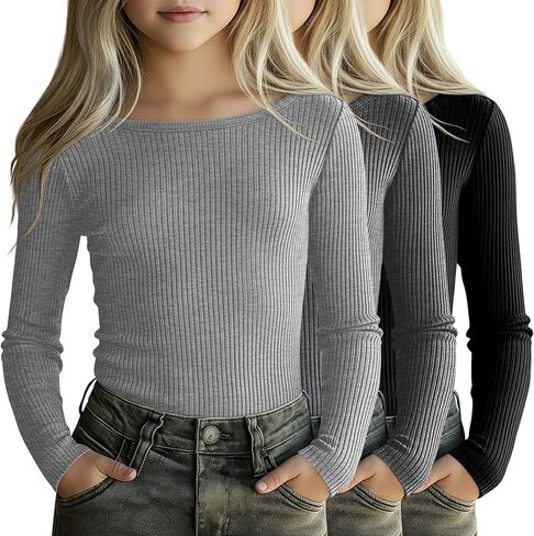 3 Pack Girls Long Sleeve Shirts Cotton Ribbed Knit Boat Neck 5-14 Years Slim Tops Casual Layer Basic Tee Undershirt in Saudi Arabia