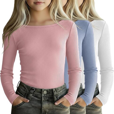 3 Pack Girls Long Sleeve Shirts Cotton Ribbed Knit Boat Neck 5-14 Years Slim Tops Casual Layer Basic Tee Undershirt in Saudi Arabia