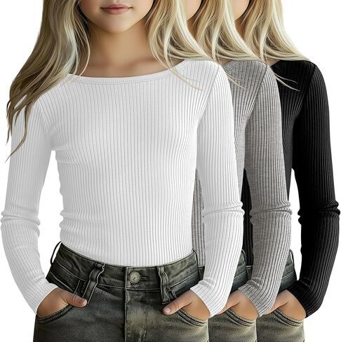3 Pack Girls Long Sleeve Shirts Cotton Ribbed Knit Boat Neck 5-14 Years Slim Tops Casual Layer Basic Tee Undershirt in Saudi Arabia
