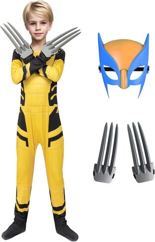 Boys Hero Costume Halloween Cosplay Kids Yellow Spandex Bodysuit with Mask Claws in Kuwait