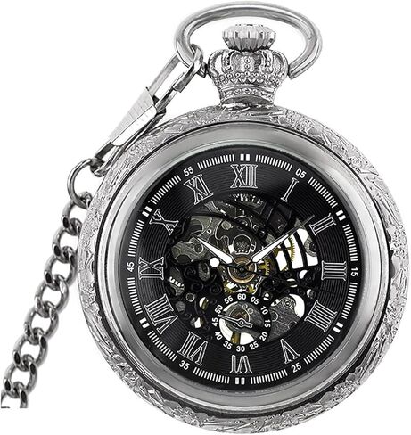 Men's Mechanical Skeleton Pocket Watch Roman Numerals Dial Steampunk Hand-Wind Pocket Watch with Chain Gift Box in Kuwait
