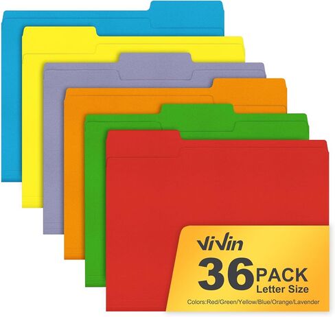 ViVin File Folders, Fits 8.5 x 11 Letter Size Paper, 1/3-Cut Tabs, 36 Pack Manilla Colored File Folders, Perfect for Home, Office, and School Documents File Paper(Multicolored) in Kuwait