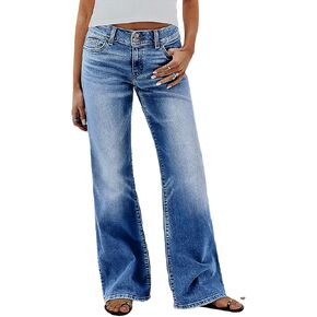 جينز Flamingals بأرجل مستقيمة للنساء، جينز عصري فضفاض متوسط ​​الارتفاع بزر مزدوج قابل للتمدد in Kuwait