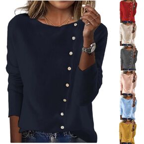 الخريف البلوزات للنساء العصرية عادية كم طويل زر بلوزة فضفاضة Crewneck متماسكة كنزة بمقاس كبير سترة علوية in Kuwait