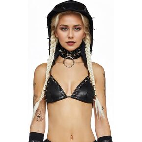 Gothic Punk Hooded Crop Top Rave PU Leather Hoodie Strappy Bra Hip Hop Dance Party Music Festival Outfits Halloween Costume in Kuwait