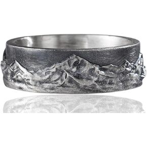 Mountain Range Band Ring For Men, 925 Sterling Silver Nature Inspired Vintage Mens Rings, Rustic Mens Wedding Band, Handmade Oxidized Silver Jewelry For Men, Unique Gifts for Him in Saudi Arabia
