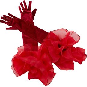 Dark Red Opera Party Gloves Long Vintage Soft Satin Velvet Costume Formal with Polyester Ruffle Tulle Cuff Elbow Length Arm Sleeves Glove for Women Prom Banquet Dancing Dress Gift in Saudi Arabia