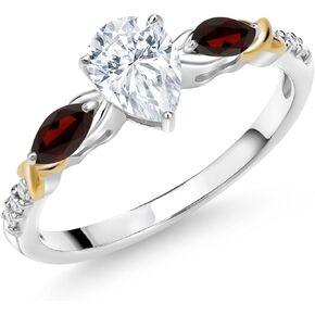 Gemstone Birthstone, Garnet and Lab Grown Diamond Two-Tone Twist Engagement Ring for Women | 925 Silver & 10K Yellow Gold | Pear 7X5MM, Marquise 5X2.5MM, Round 1.2MM | Wedding Anniversary Promise Ring in Saudi Arabia