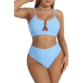 Light Blue High - Waisted Bikini with Textured Fabric & Cut - Out Front, Women's Stylish Two - Piece Swimwear in Saudi Arabia