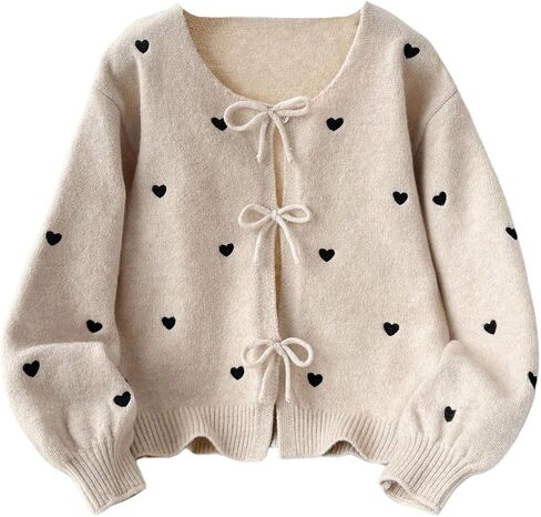 SHENHE Girl's Bow Cardigan Heart Print Button Up V Neck Fall Soft Cute Cardigan Sweater in Saudi Arabia