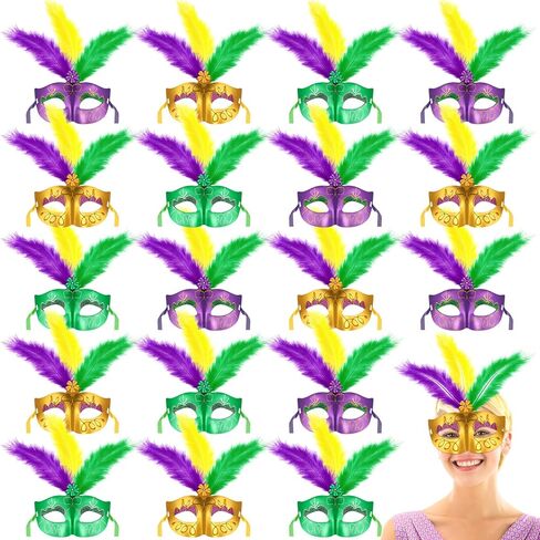 18 Pcs Mardi Gras Feather Masks Bulk Carnival Masquerade Mask Party Decorations Mardi Gras Cosplay Costumes Dress Up Accessories for Women Men Venetian Party Favors in Saudi Arabia
