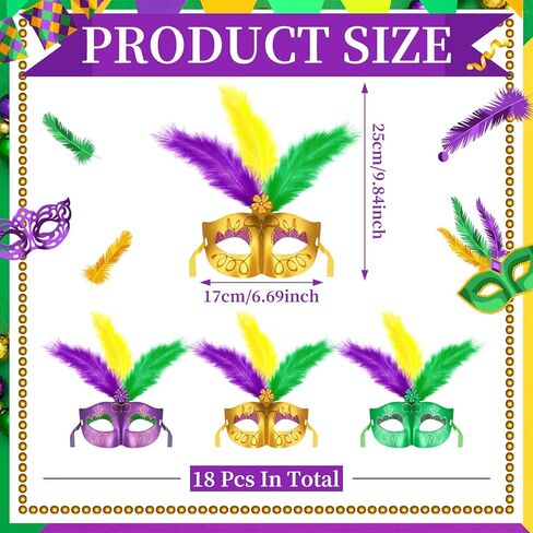 18 Pcs Mardi Gras Feather Masks Bulk Carnival Masquerade Mask Party Decorations Mardi Gras Cosplay Costumes Dress Up Accessories for Women Men Venetian Party Favors in Saudi Arabia