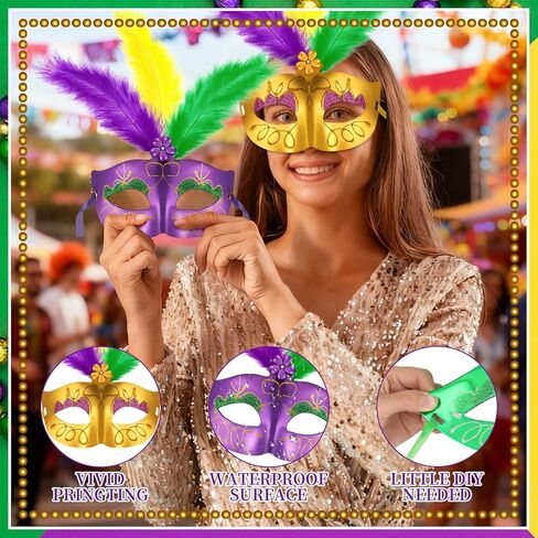 18 Pcs Mardi Gras Feather Masks Bulk Carnival Masquerade Mask Party Decorations Mardi Gras Cosplay Costumes Dress Up Accessories for Women Men Venetian Party Favors in Saudi Arabia