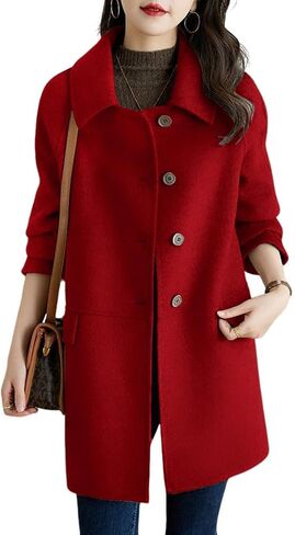Women's Winter Casual Single Breasted Wool Coat Lapel Collar Loose Long Peacoat With Pockets in Saudi Arabia