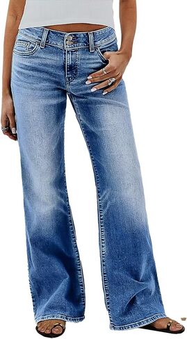جينز Flamingals بأرجل مستقيمة للنساء، جينز عصري فضفاض متوسط ​​الارتفاع بزر مزدوج قابل للتمدد in Kuwait