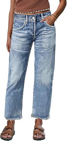 Flamingals Straight Leg Crop Jeans for Women Wash Raw Hem Mid Waist Jeans in Saudi Arabia
