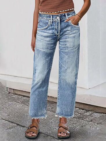 Flamingals Straight Leg Crop Jeans for Women Wash Raw Hem Mid Waist Jeans in Saudi Arabia