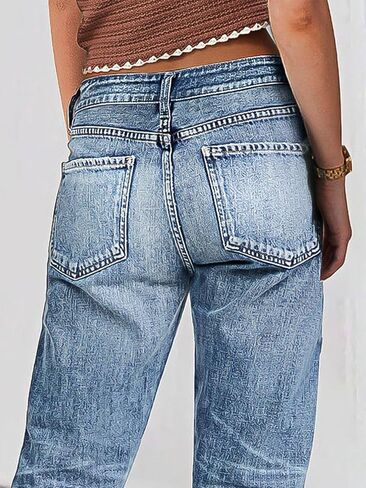 Flamingals Straight Leg Crop Jeans for Women Wash Raw Hem Mid Waist Jeans in Saudi Arabia